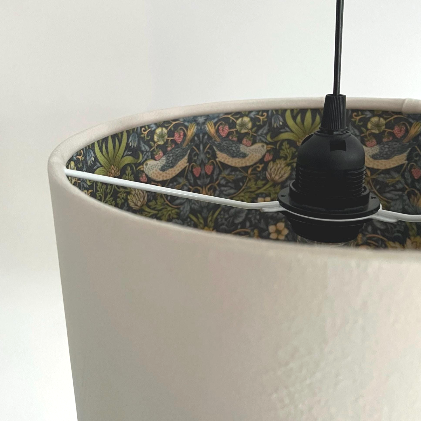 Cream Velvet &amp; Navy Strawberry Thief Double Sided Drum Lampshade | Handmade Ceiling Light Shade | Bespoke UK