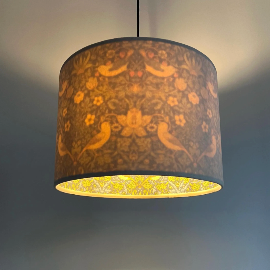 Cream Velvet &amp; Navy Strawberry Thief Double Sided Drum Lampshade | Handmade Ceiling Light Shade | Bespoke UK
