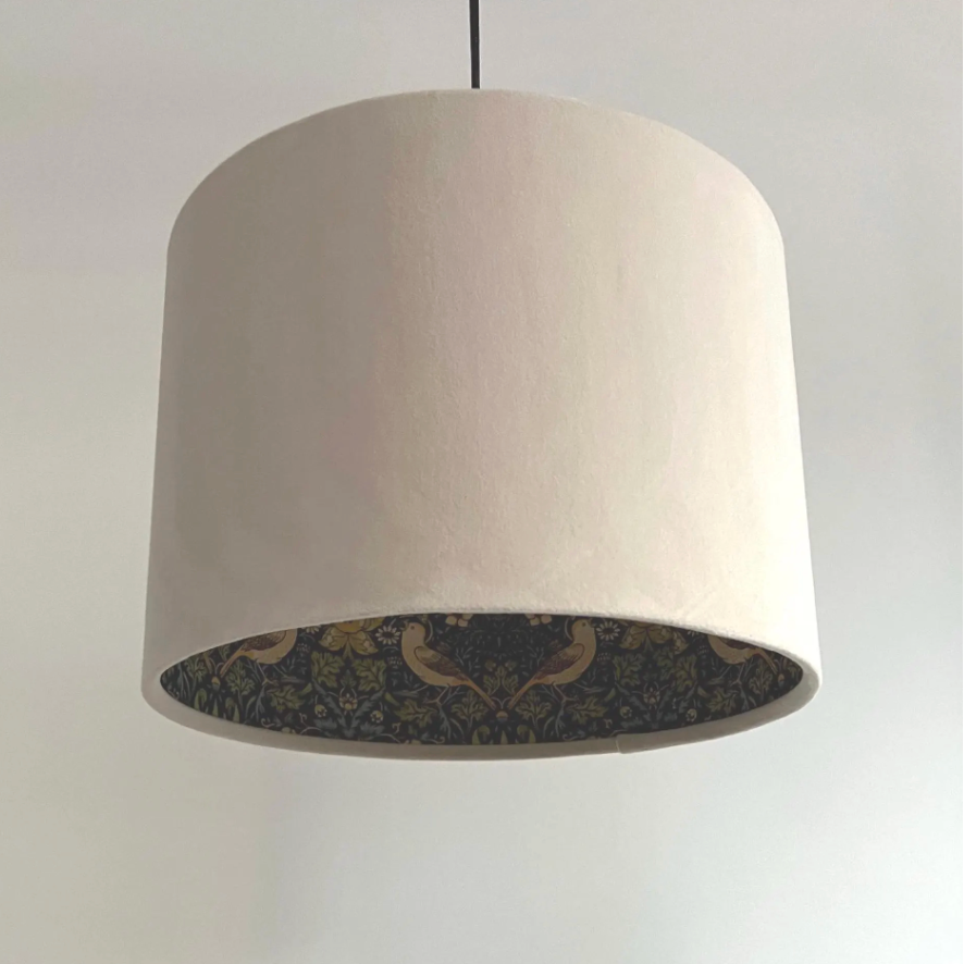 Cream Velvet &amp; Navy Strawberry Thief Double Sided Drum Lampshade | Handmade Ceiling Light Shade | Bespoke UK