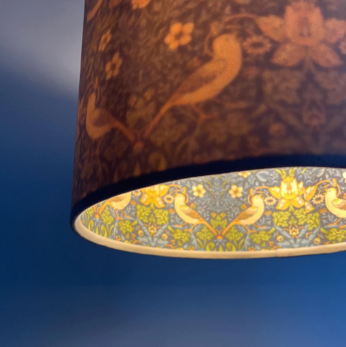 Cream Velvet &amp; Navy Strawberry Thief Double Sided Drum Lampshade | Handmade Ceiling Light Shade | Bespoke UK