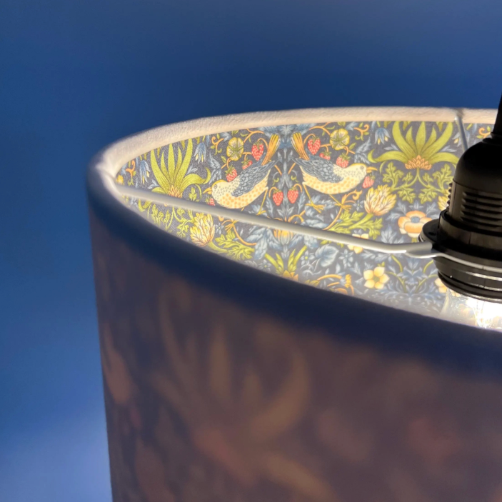 Cream Velvet &amp; Navy Strawberry Thief Double Sided Drum Lampshade | Handmade Ceiling Light Shade | Bespoke UK