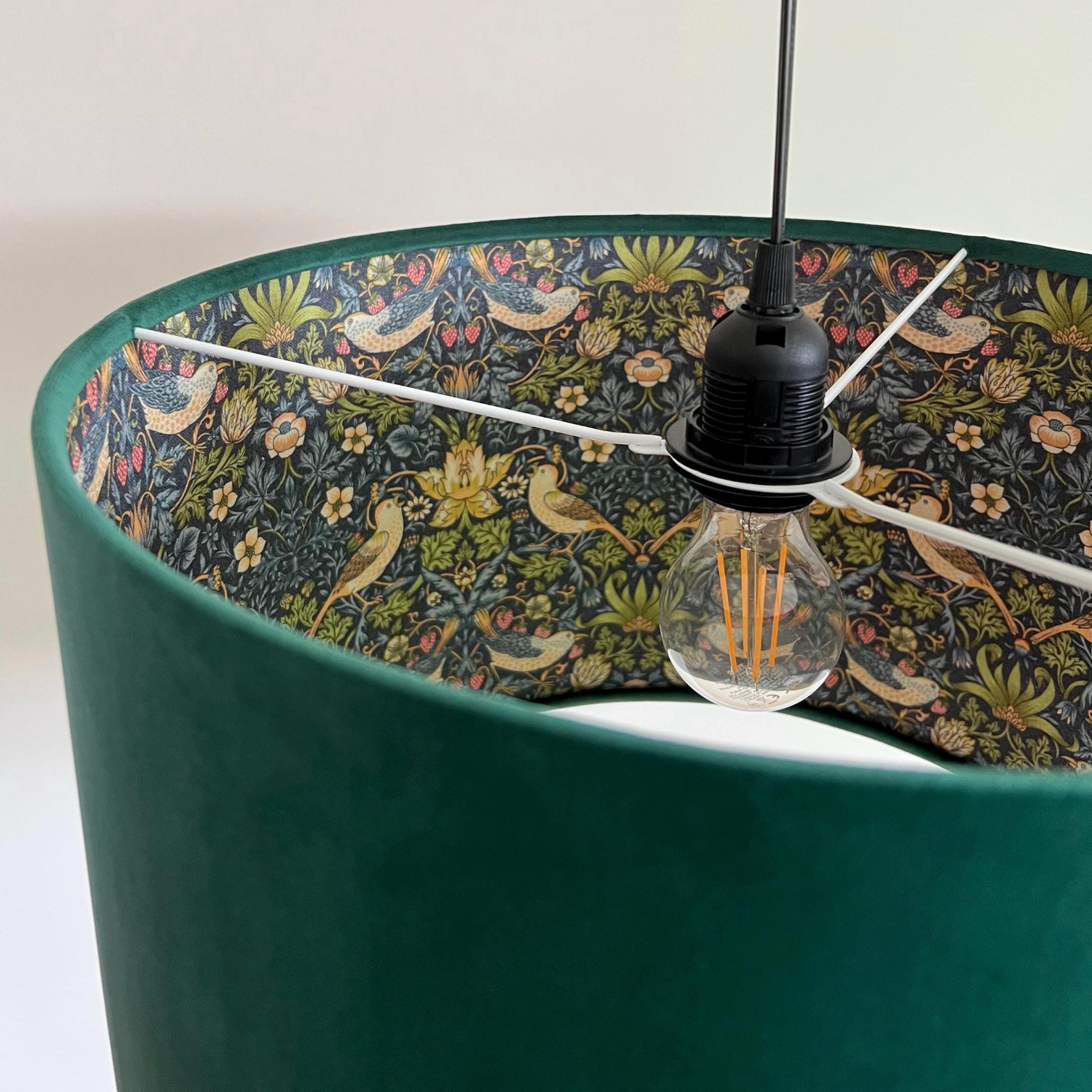 Bottle Green Velvet &amp; Navy Strawberry Thief Double Sided Drum Lampshade | Handmade Ceiling Light Shade | Bespoke UK
