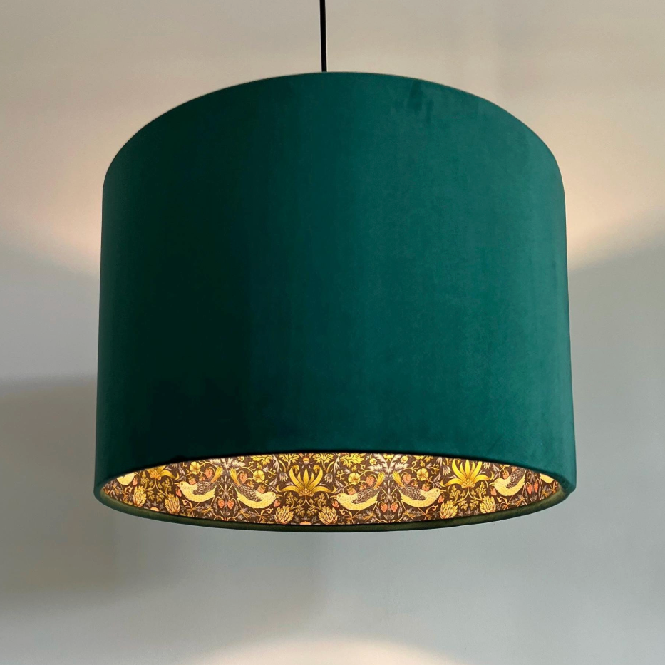 Bottle Green Velvet &amp; Navy Strawberry Thief Double Sided Drum Lampshade | Handmade Ceiling Light Shade | Bespoke UK