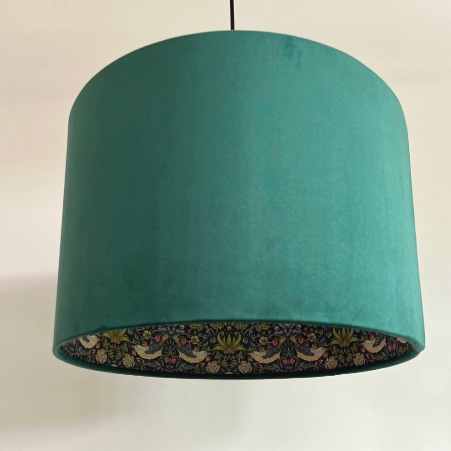 Bottle Green Velvet &amp; Navy Strawberry Thief Double Sided Drum Lampshade | Handmade Ceiling Light Shade | Bespoke UK