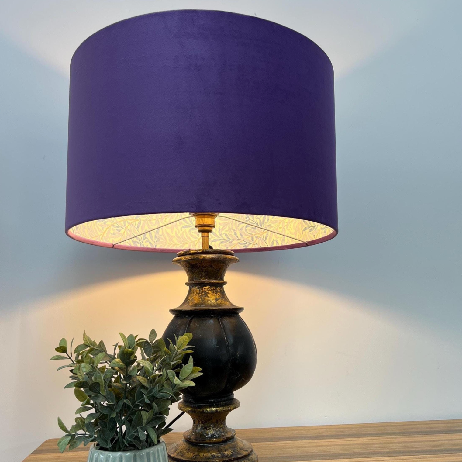 Purple Velvet &amp; William Morris Blue Willow Leaves Double Sided Drum Lampshade | Handmade Ceiling Light Shade | Bespoke UK