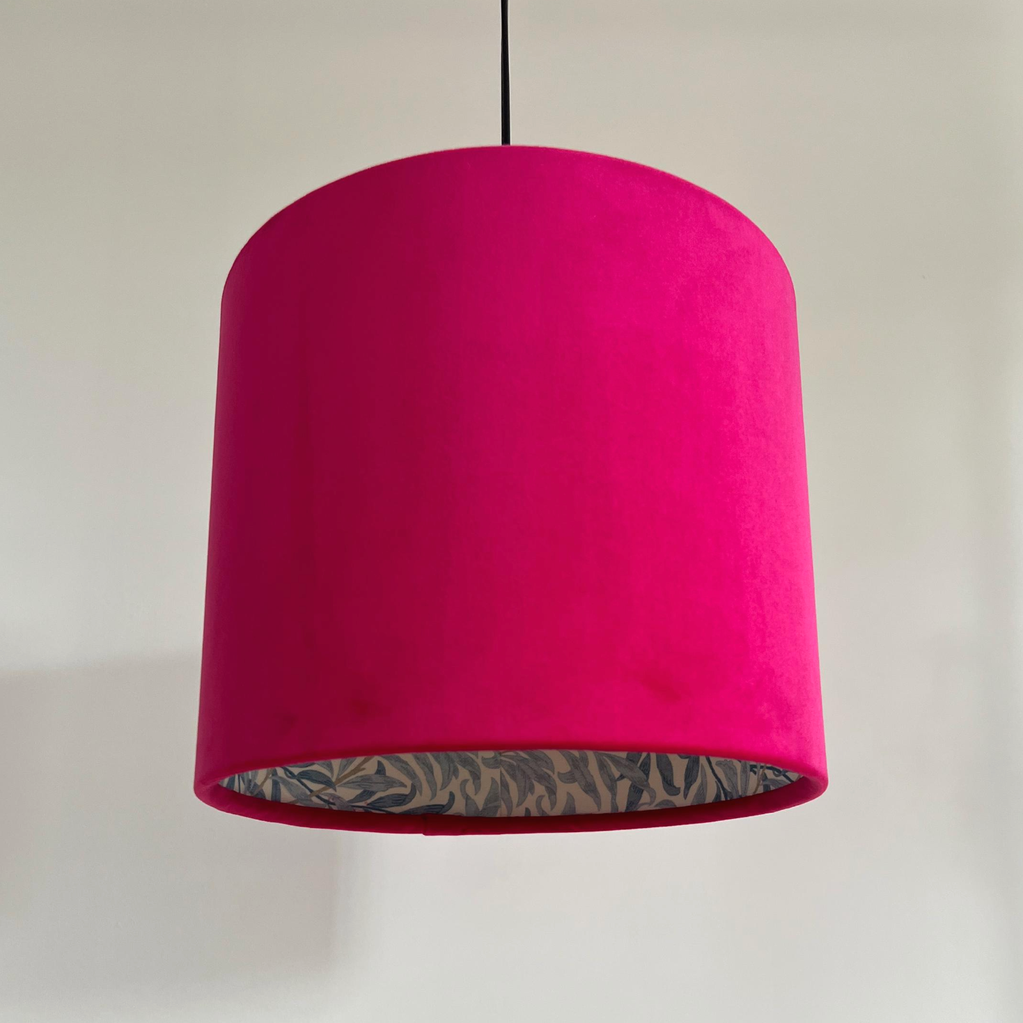 Cerise Pink Velvet &amp; William Morris Blue Willow Leaves Double Sided Drum Lampshade | Handmade Ceiling Light Shade | Bespoke UK