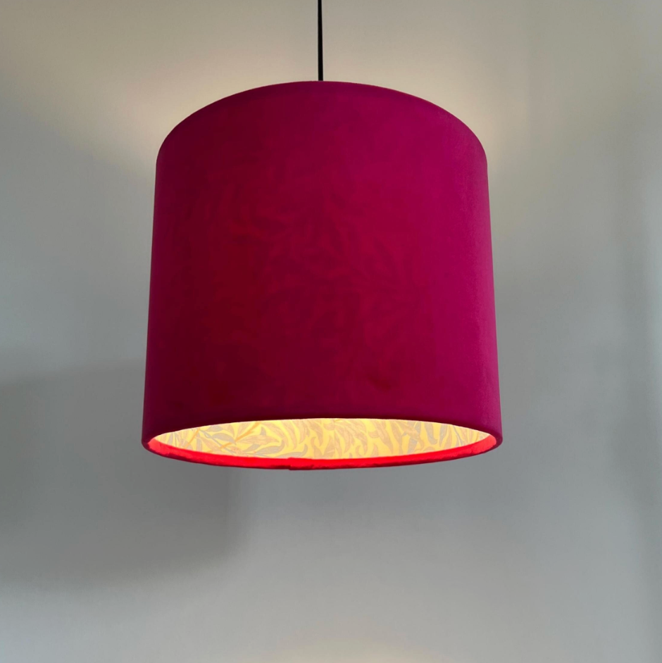 Cerise Pink Velvet &amp; William Morris Blue Willow Leaves Double Sided Drum Lampshade | Handmade Ceiling Light Shade | Bespoke UK