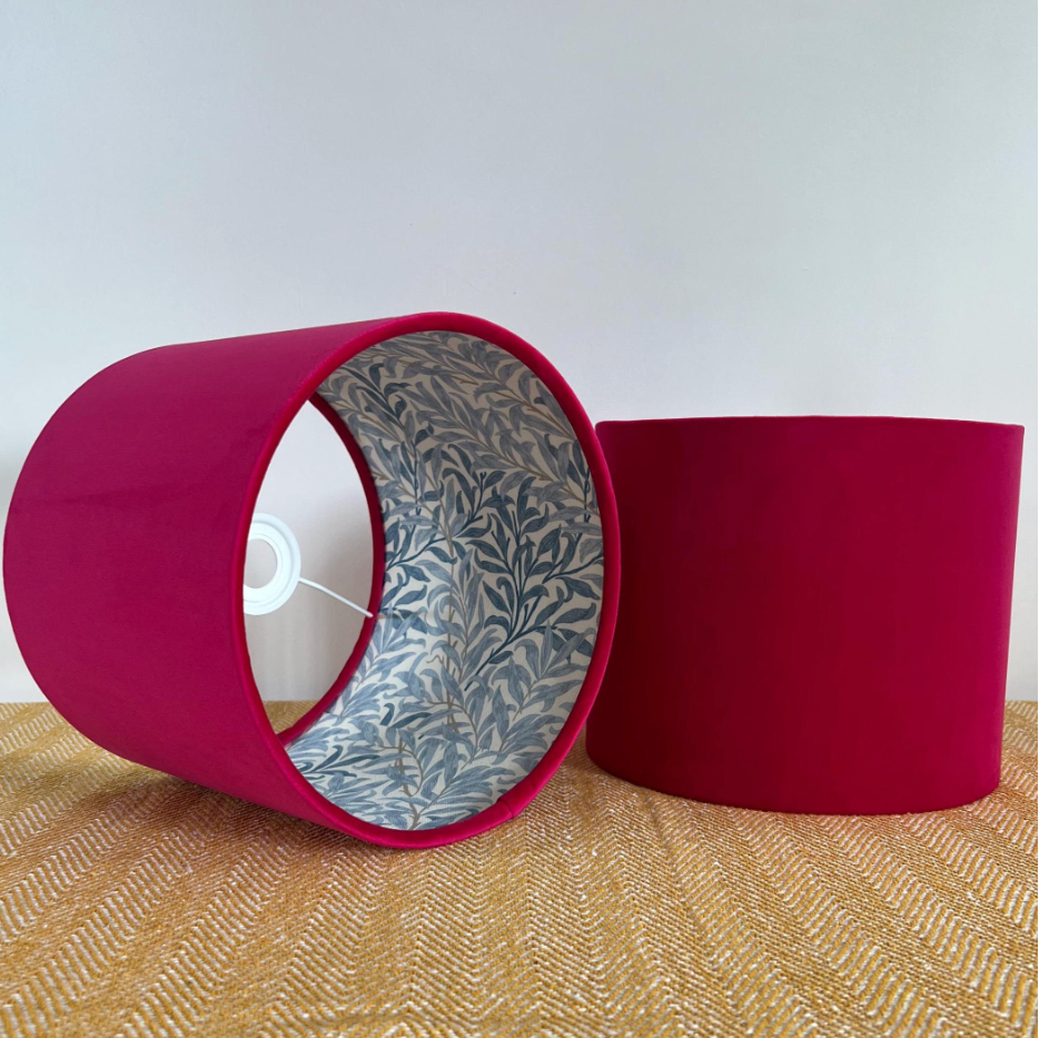 Cerise Pink Velvet &amp; William Morris Blue Willow Leaves Double Sided Drum Lampshade | Handmade Ceiling Light Shade | Bespoke UK