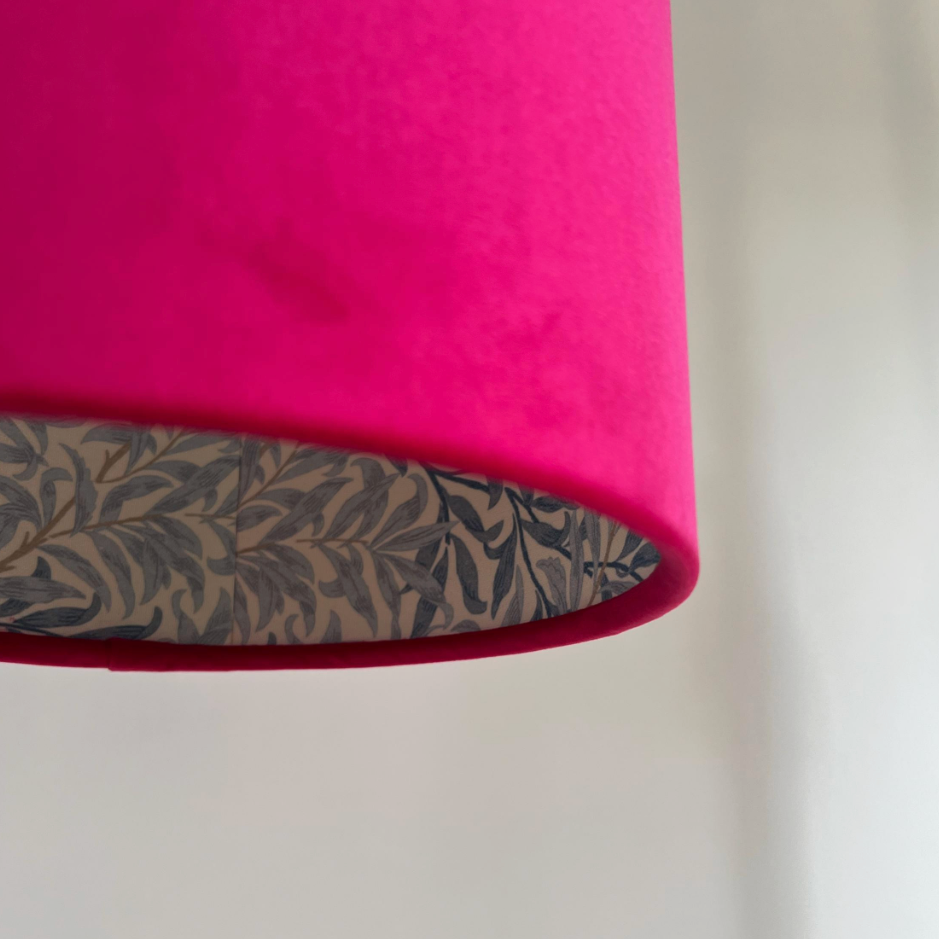 Cerise Pink Velvet &amp; William Morris Blue Willow Leaves Double Sided Drum Lampshade | Handmade Ceiling Light Shade | Bespoke UK