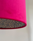 Cerise Pink Velvet & William Morris Blue Willow Leaves Double Sided Drum Lampshade | Handmade Ceiling Light Shade | Bespoke UK