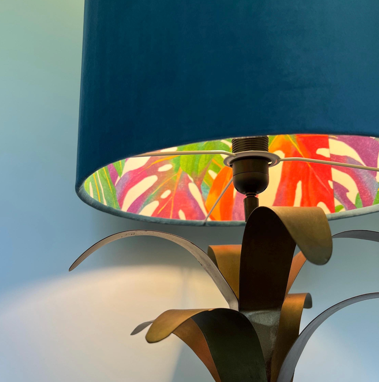 Teal Velvet &amp; Multicoloured Leaves Double Sided Drum Lampshade | Handmade Ceiling Light Shade | Bespoke UK