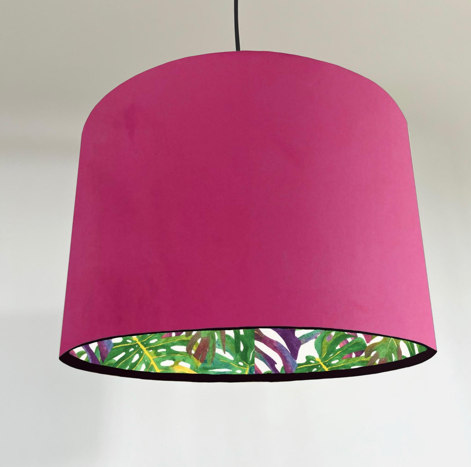 Velvet &amp; Multicoloured Leaves Double Sided Drum Lampshade | Handmade Ceiling Light Shade | Bespoke UK