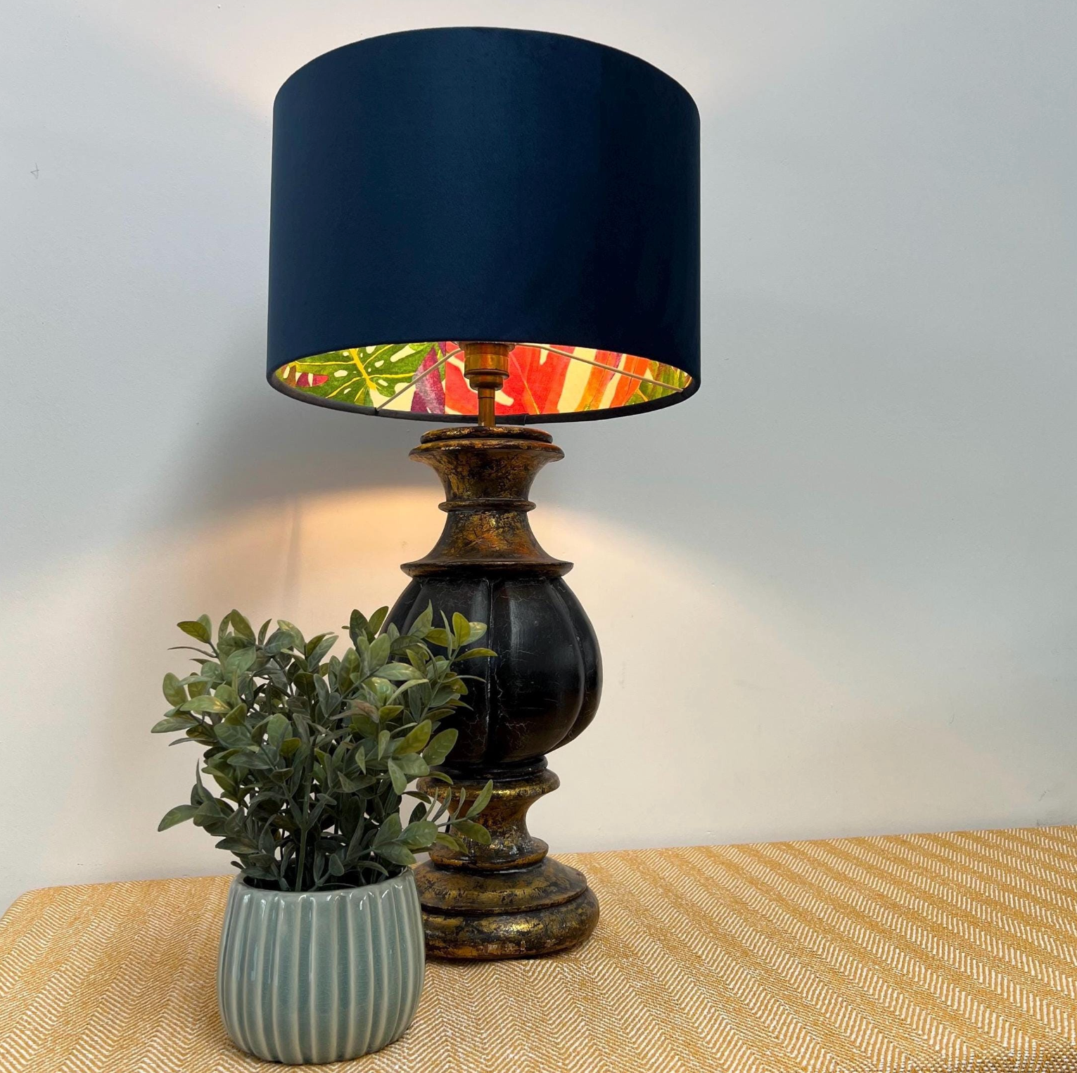 Velvet &amp; Multicoloured Leaves Double Sided Drum Lampshade | Handmade Ceiling Light Shade | Bespoke UK