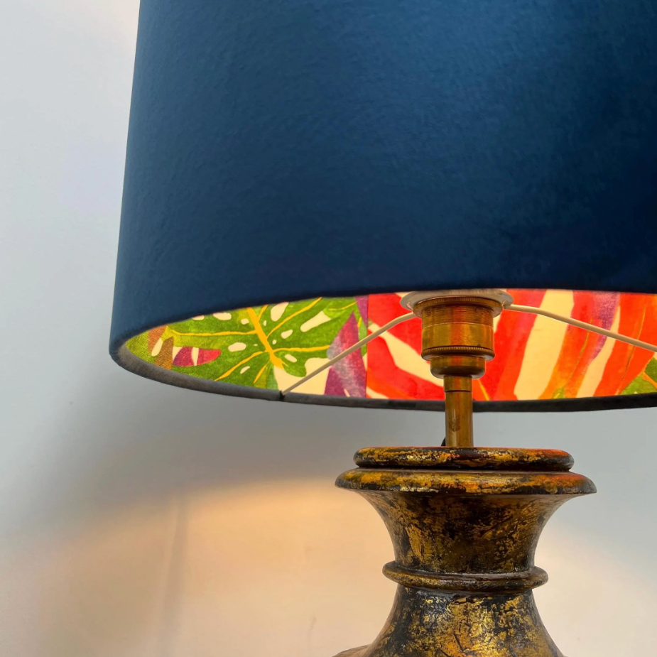 Navy Velvet &amp; Multicoloured Leaves Double Sided Drum Lampshade | Handmade Ceiling Light Shade | Bespoke UK