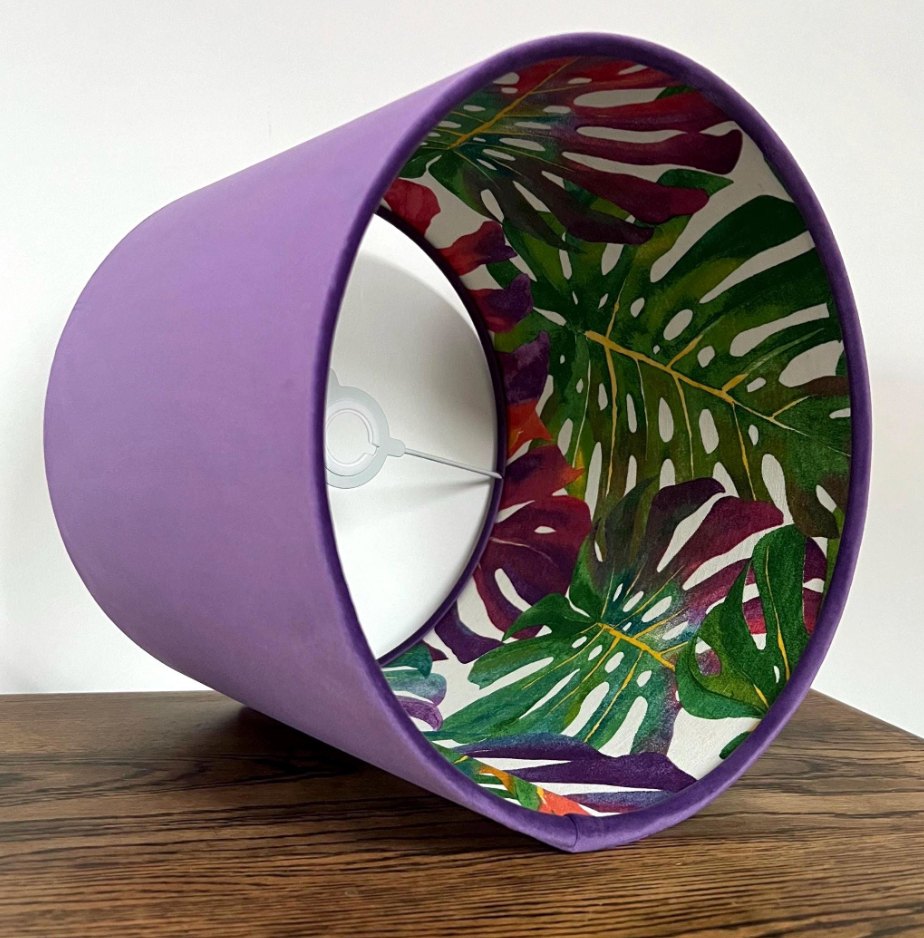 Velvet &amp; Multicoloured Leaves Double Sided Drum Lampshade | Handmade Ceiling Light Shade | Bespoke UK
