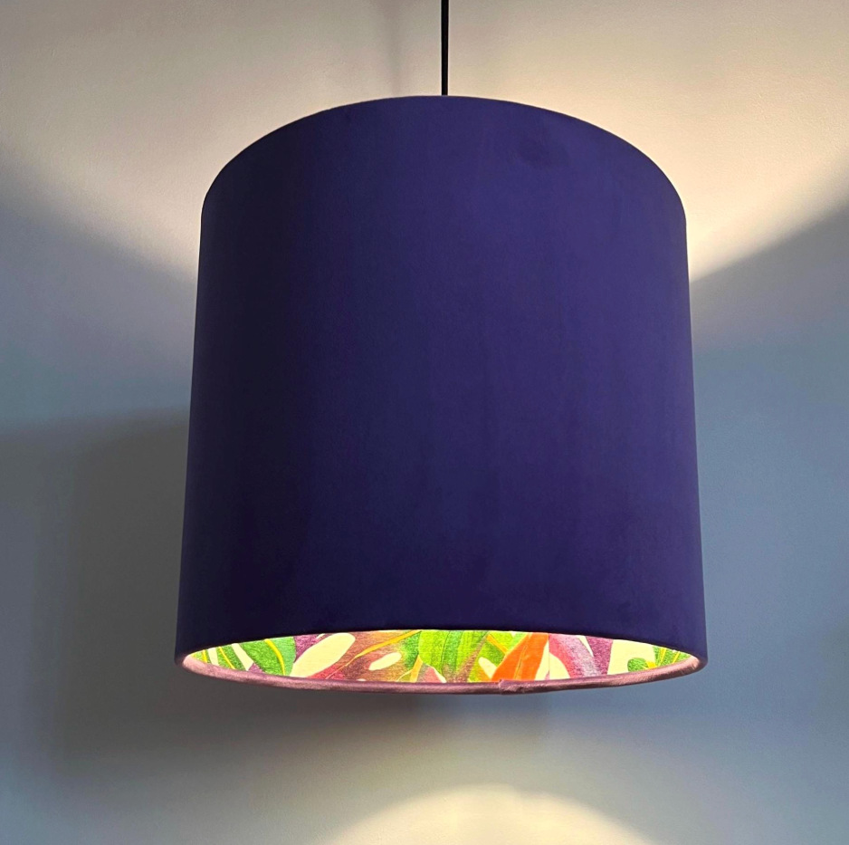 Purple Velvet &amp; Multicoloured Leaves Double Sided Drum Lampshade | Handmade Ceiling Light Shade | Bespoke UK