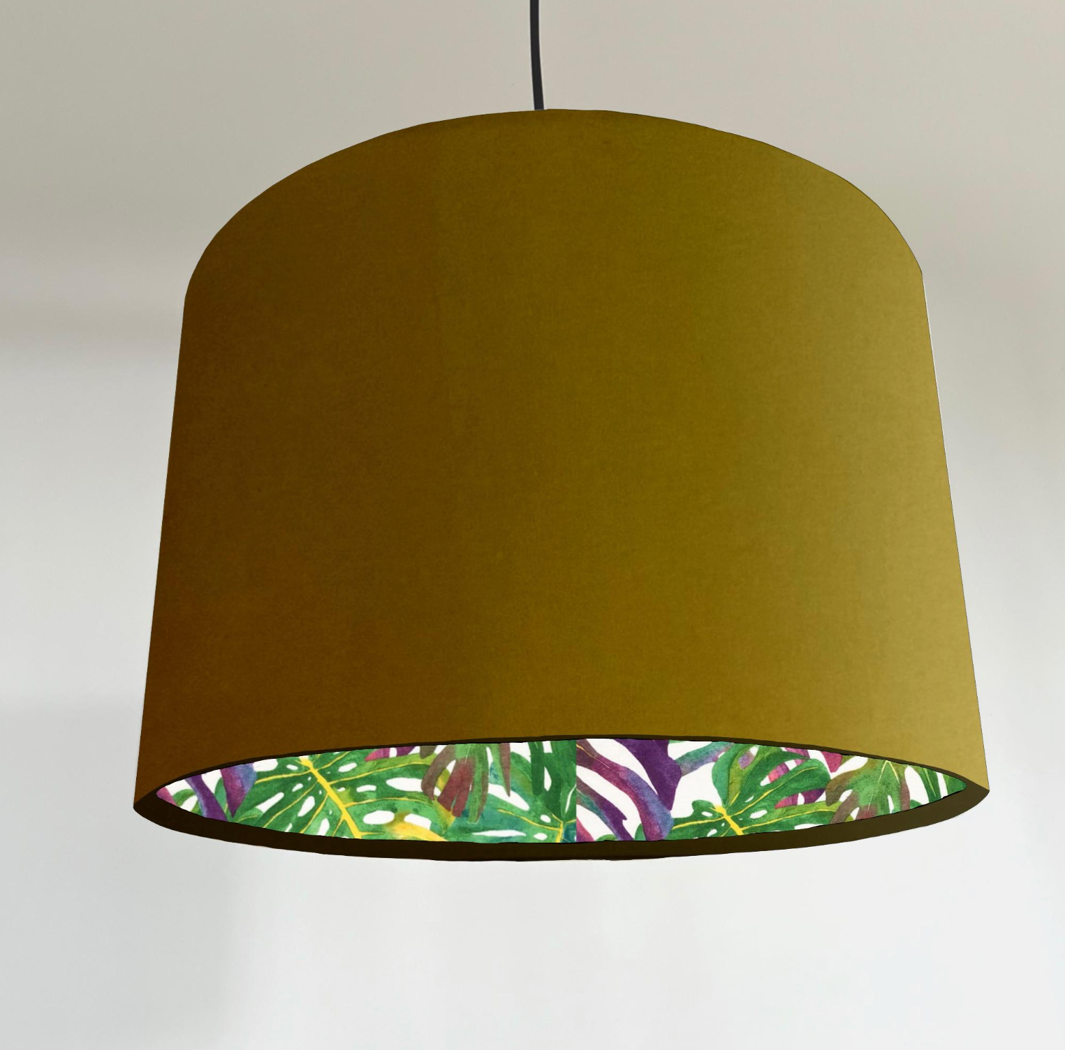 Velvet &amp; Multicoloured Leaves Double Sided Drum Lampshade | Handmade Ceiling Light Shade | Bespoke UK