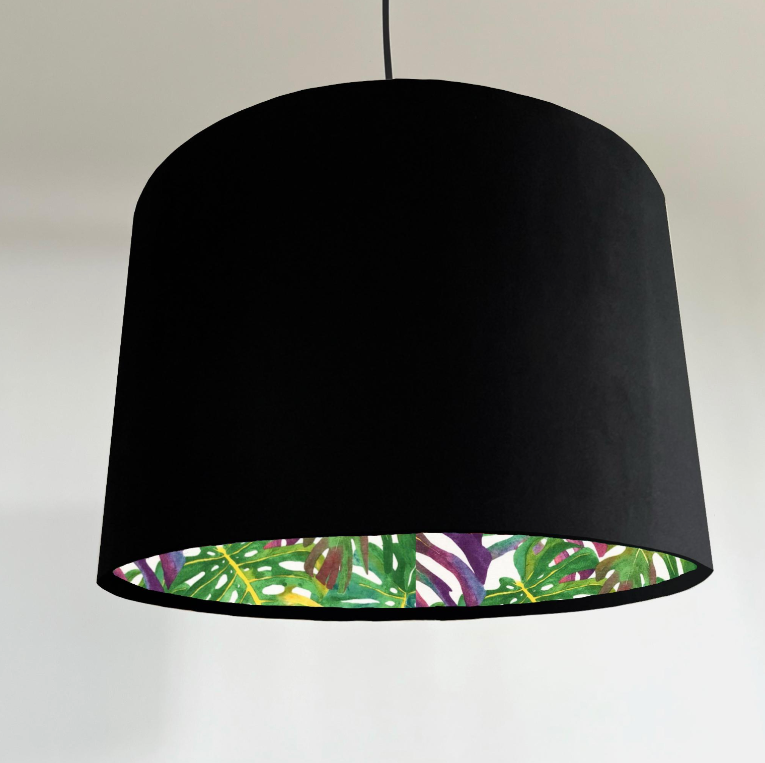 Velvet &amp; Multicoloured Leaves Double Sided Drum Lampshade | Handmade Ceiling Light Shade | Bespoke UK