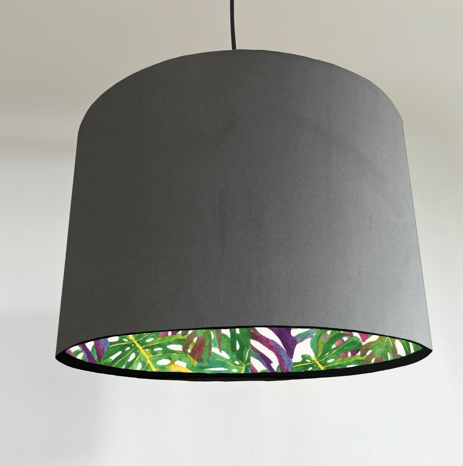 Velvet &amp; Multicoloured Leaves Double Sided Drum Lampshade | Handmade Ceiling Light Shade | Bespoke UK