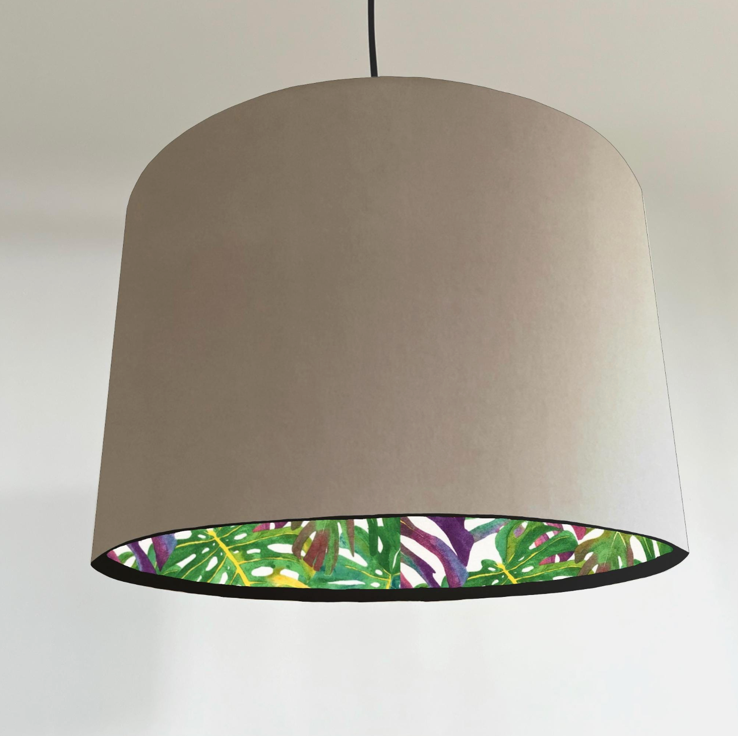 Velvet &amp; Multicoloured Leaves Double Sided Drum Lampshade | Handmade Ceiling Light Shade | Bespoke UK