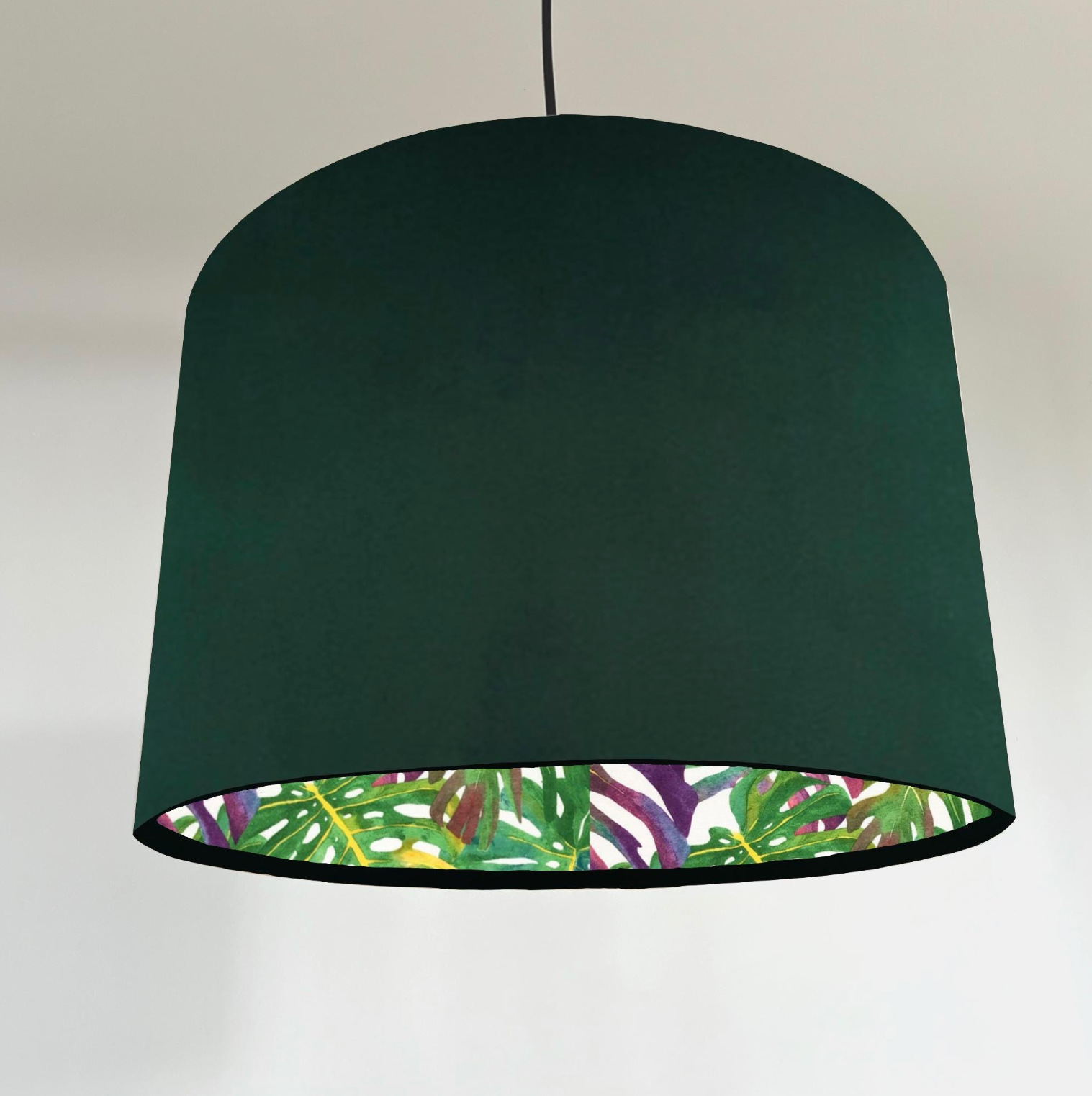 Velvet &amp; Multicoloured Leaves Double Sided Drum Lampshade | Handmade Ceiling Light Shade | Bespoke UK