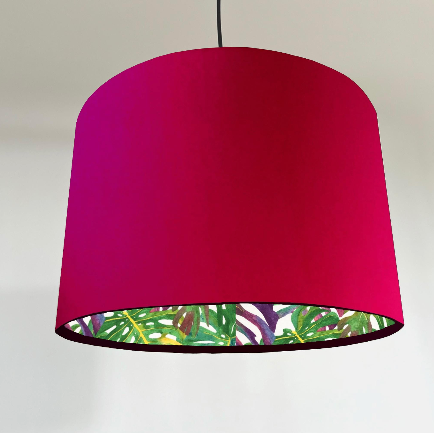 Velvet &amp; Multicoloured Leaves Double Sided Drum Lampshade | Handmade Ceiling Light Shade | Bespoke UK