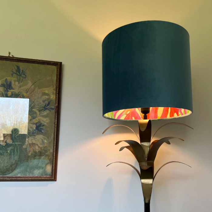 Teal Velvet &amp; Multicoloured Leaves Double Sided Drum Lampshade | Handmade Ceiling Light Shade | Bespoke UK