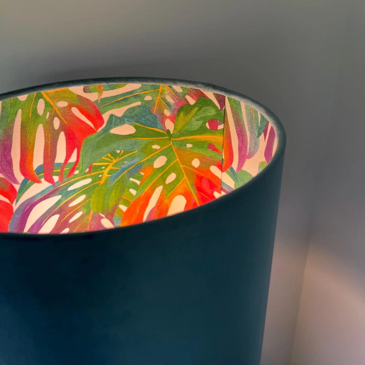Teal Velvet &amp; Multicoloured Leaves Double Sided Drum Lampshade | Handmade Ceiling Light Shade | Bespoke UK
