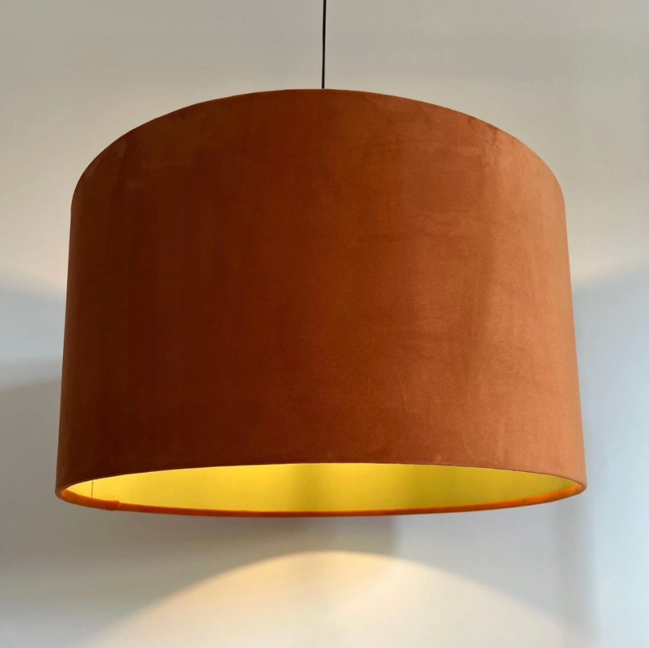 Burnt Orange Velvet &amp; Sage Green Cotton Double Sided Drum Lampshade | Handmade Ceiling Light Shade | Bespoke UK