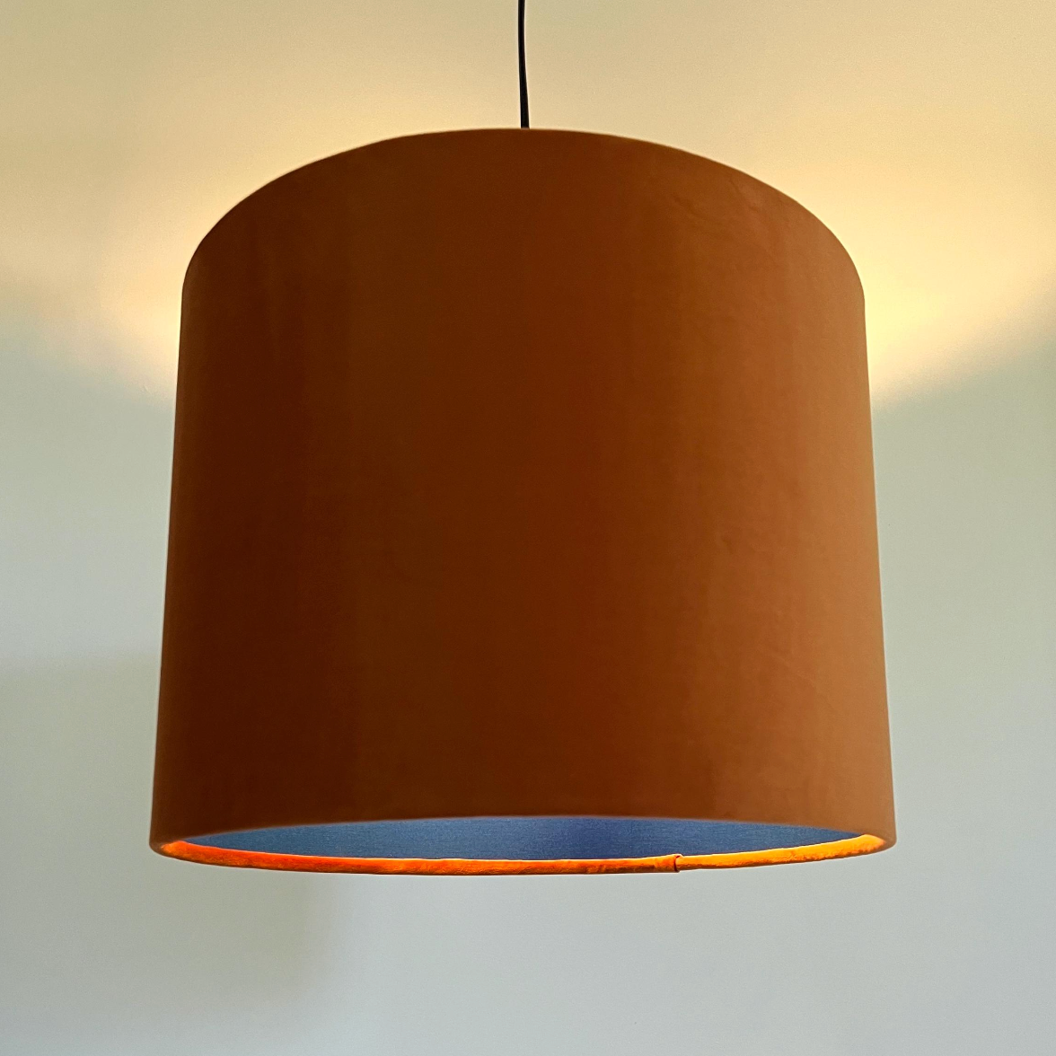 Burnt Orange Velvet &amp; Royal Blue Cotton Double Sided Drum Lampshade | Handmade Ceiling Light Shade | Bespoke UK