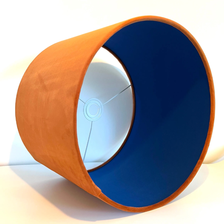 Burnt Orange Velvet &amp; Royal Blue Cotton Double Sided Drum Lampshade | Handmade Ceiling Light Shade | Bespoke UK
