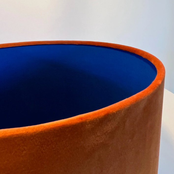 Burnt Orange Velvet &amp; Royal Blue Cotton Double Sided Drum Lampshade | Handmade Ceiling Light Shade | Bespoke UK