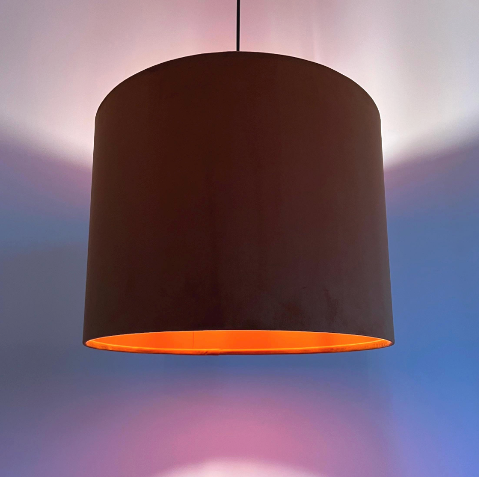 Burnt Orange Velvet &amp; Burnt Orange Cotton Double Sided Drum Lampshade | Handmade Ceiling Light Shade | Bespoke UK