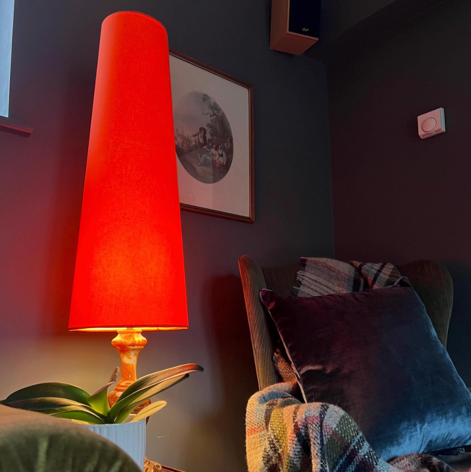 Bright Orange Cotton Lampshade | Extra Tall Cone Light Shade | Bespoke Handmade UK