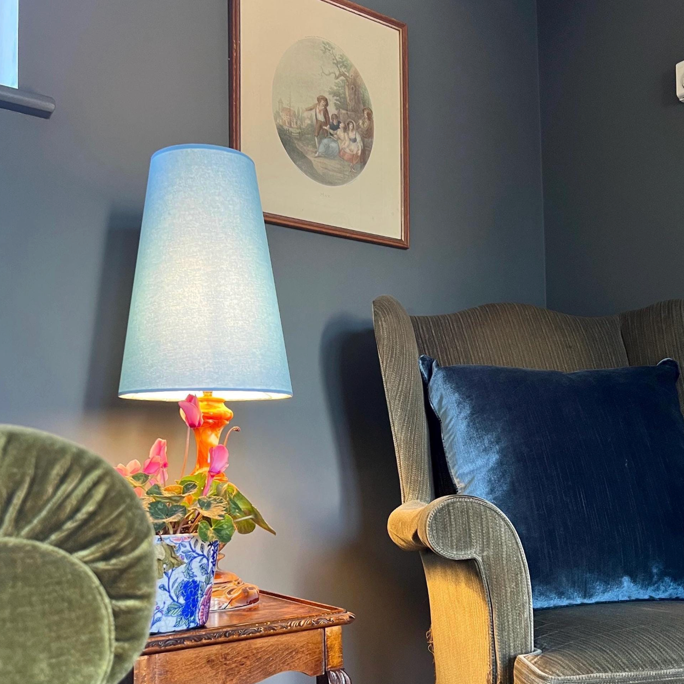 Light Blue Cotton Lampshade | Extra Tall Cone Light Shade | Bespoke Handmade UK
