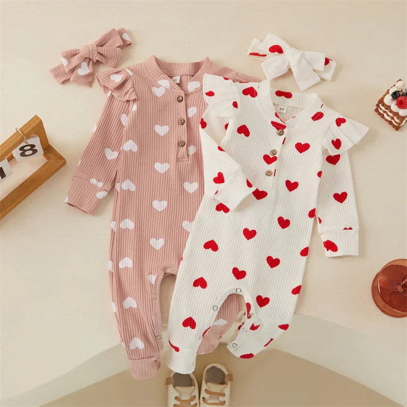 Heart Print Romper + Bow Headdress Set for Baby Girls - Soft Polyester Spring & Autumn Outfit by Baby Lamby at brixbailey.com