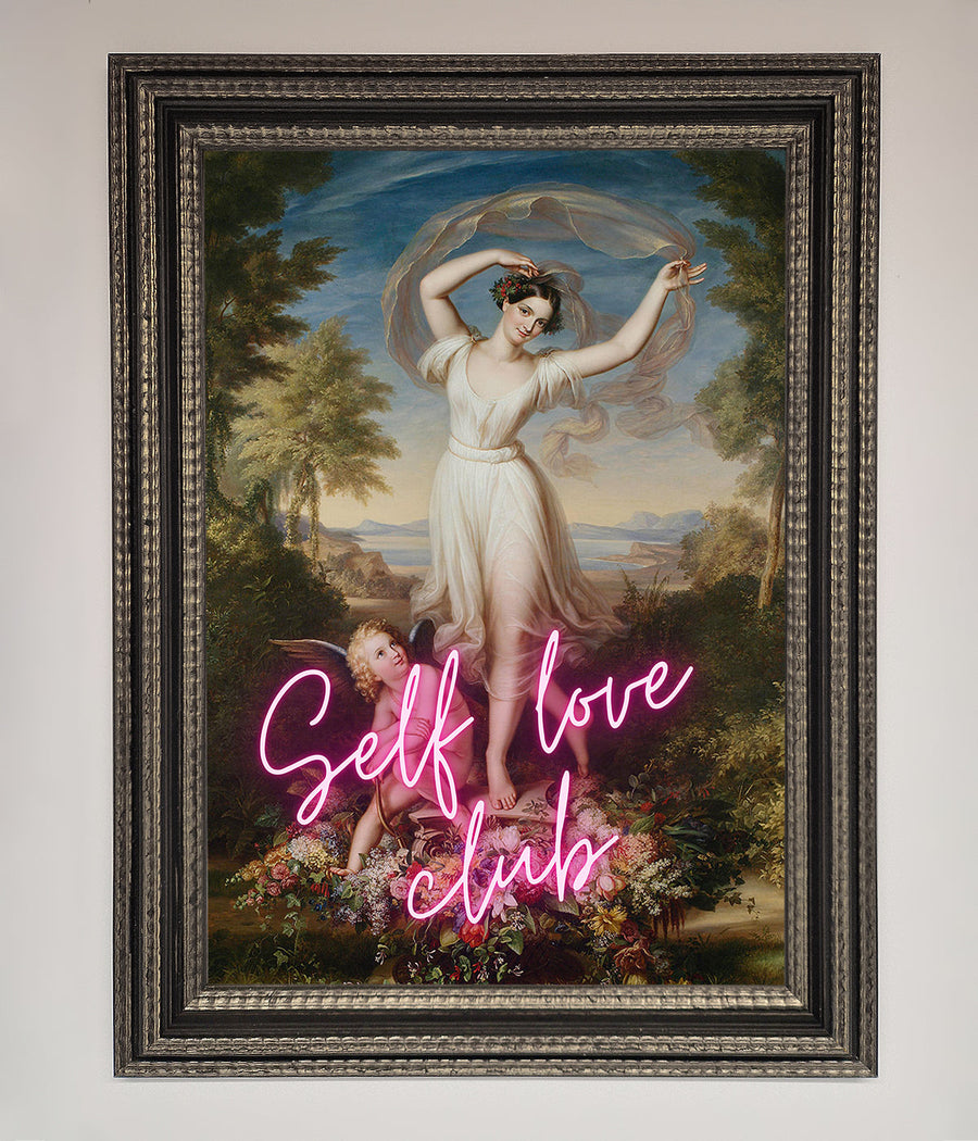 Self Love Club framed wall art, stylish inspirational decor, premium motivational print by Zestio at brixbailey.com