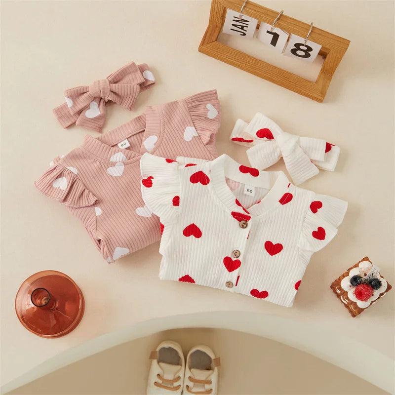 Heart Print Romper + Bow Headdress Set for Baby Girls – Soft Polyester Spring & Autumn Outfit by Baby Lamby at brixbailey.com