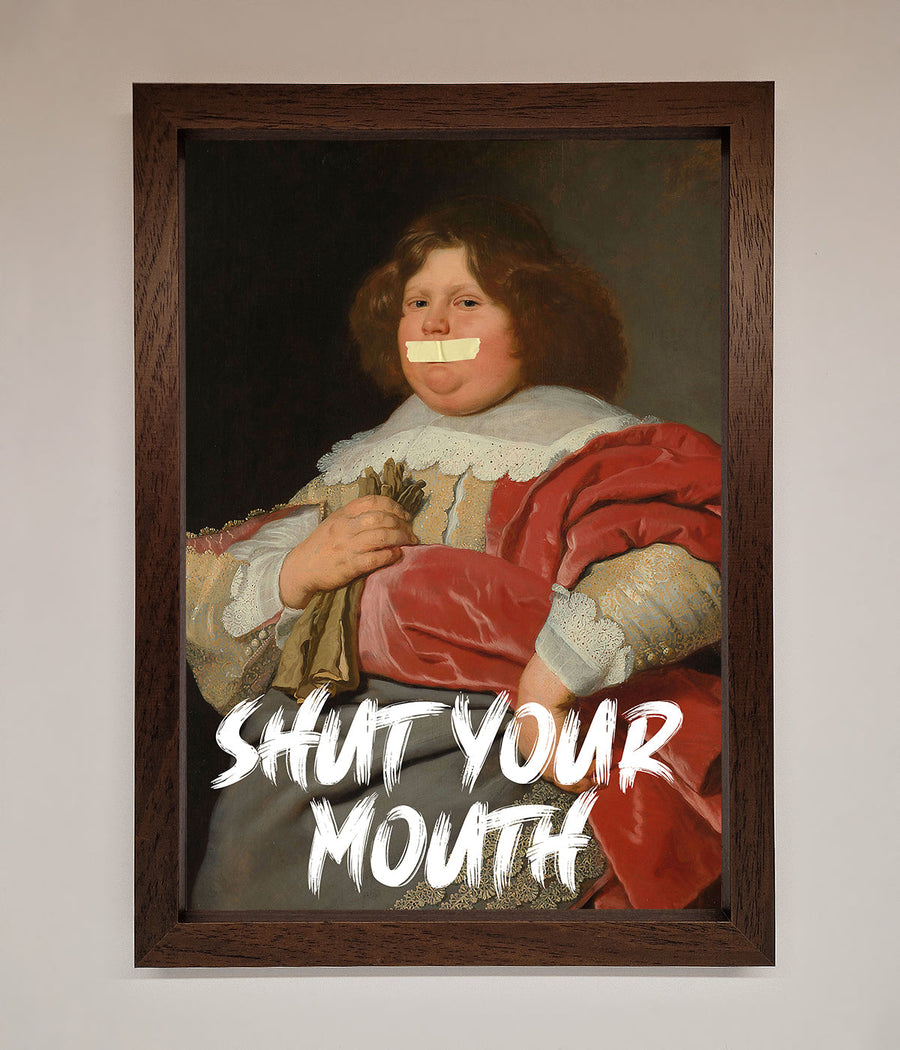 Shut Your Mouth Framed Print, bold contemporary statement art, luxury handcrafted wall decor, stylish premium framed artwork by Zestio at brixbailey.com