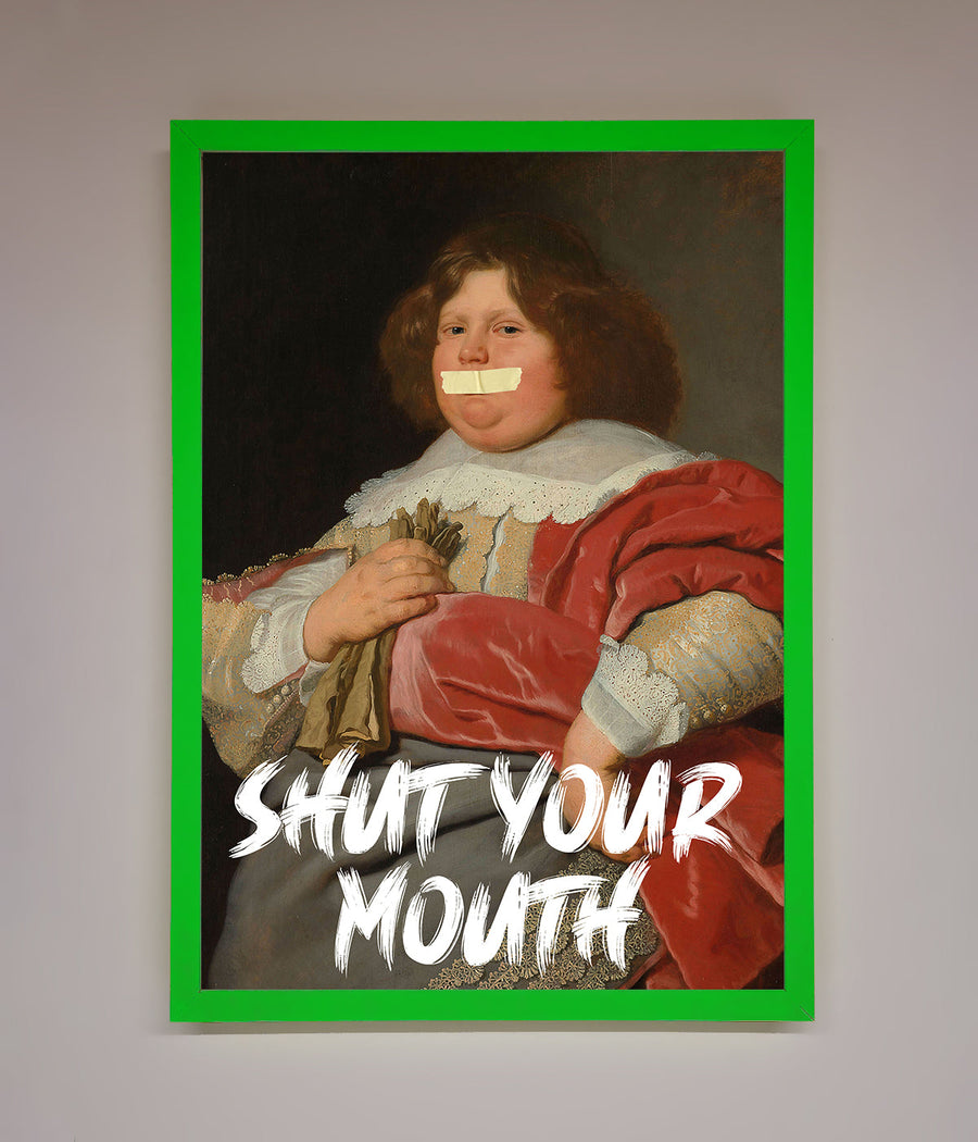 Shut Your Mouth Framed Print, bold contemporary statement art, luxury handcrafted wall decor, stylish premium framed artwork by Zestio at brixbailey.com