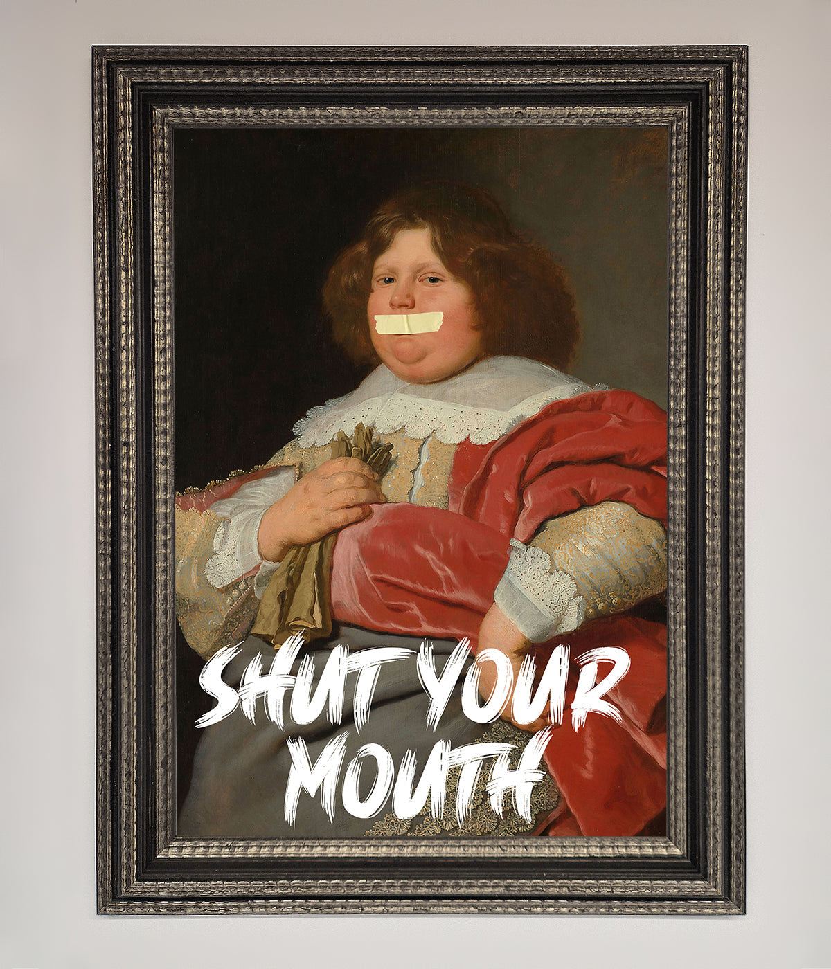 Shut Your Mouth Framed Print, bold contemporary statement artwork, luxury handcrafted framed decor for living room or office by Zestio at brixbailey.com