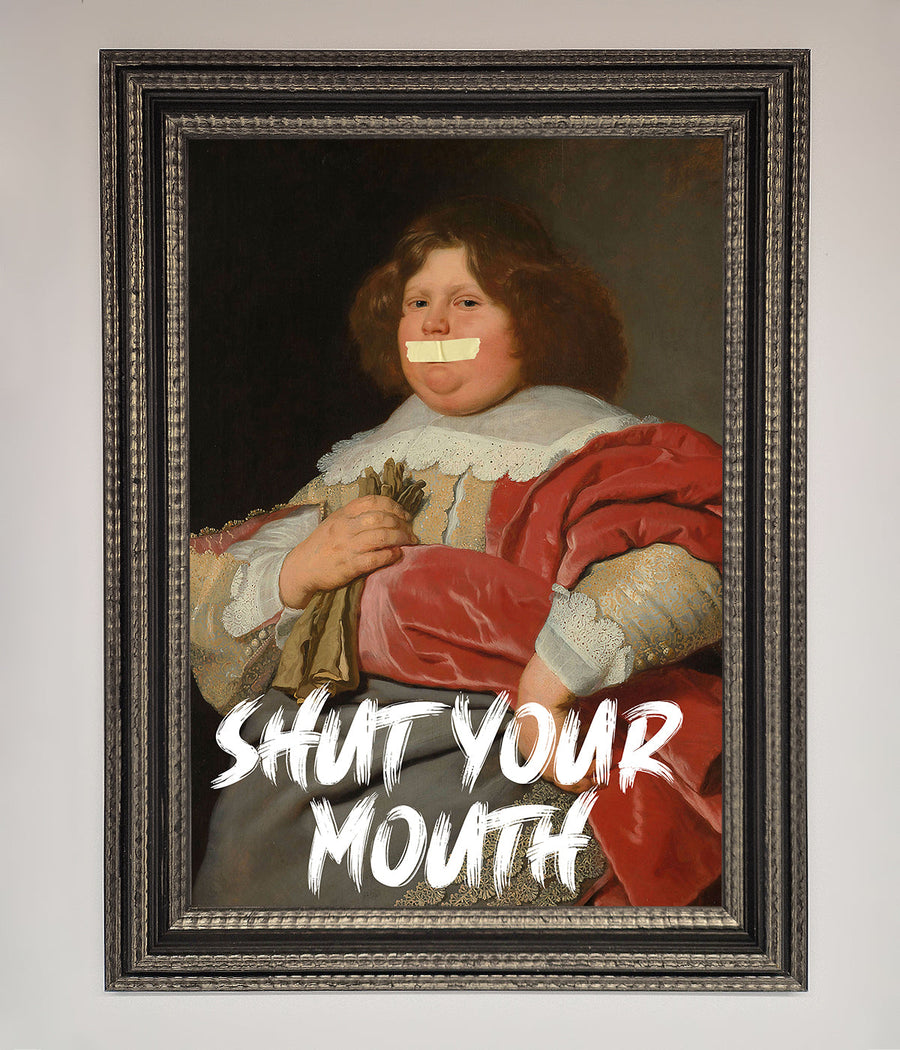 Shut Your Mouth Framed Print, bold contemporary statement artwork, luxury handcrafted framed decor for living room or office by Zestio at brixbailey.com