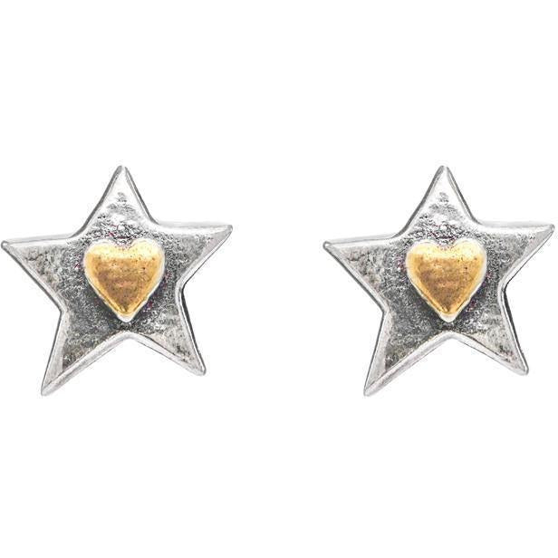 Silver Star Stud Earrings with Gold Heart – Sostter Collection by Sostter at brixbailey.com