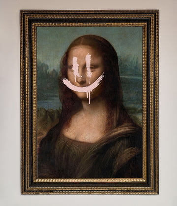 Luxury Smiley Mona Framed Poster, classic art with modern whimsy, stylish home decor, trending wall art, best-selling framed print by Zestio at brixbailey.com