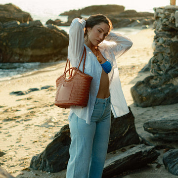 CELIA Calfskin Leather Tote Bag - Spacious Travel & Everyday Handmade SOOK Bag with Cotton Drawstring Organizer by Sook Stainable at brixbailey.com