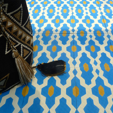 Luxury Moroccan cement tiles, blue yellow cream pattern, premium handcrafted SOUK floor and wall tiles, stylish exotic bathroom kitchen decor by Maria Starling Design at brixbailey.com