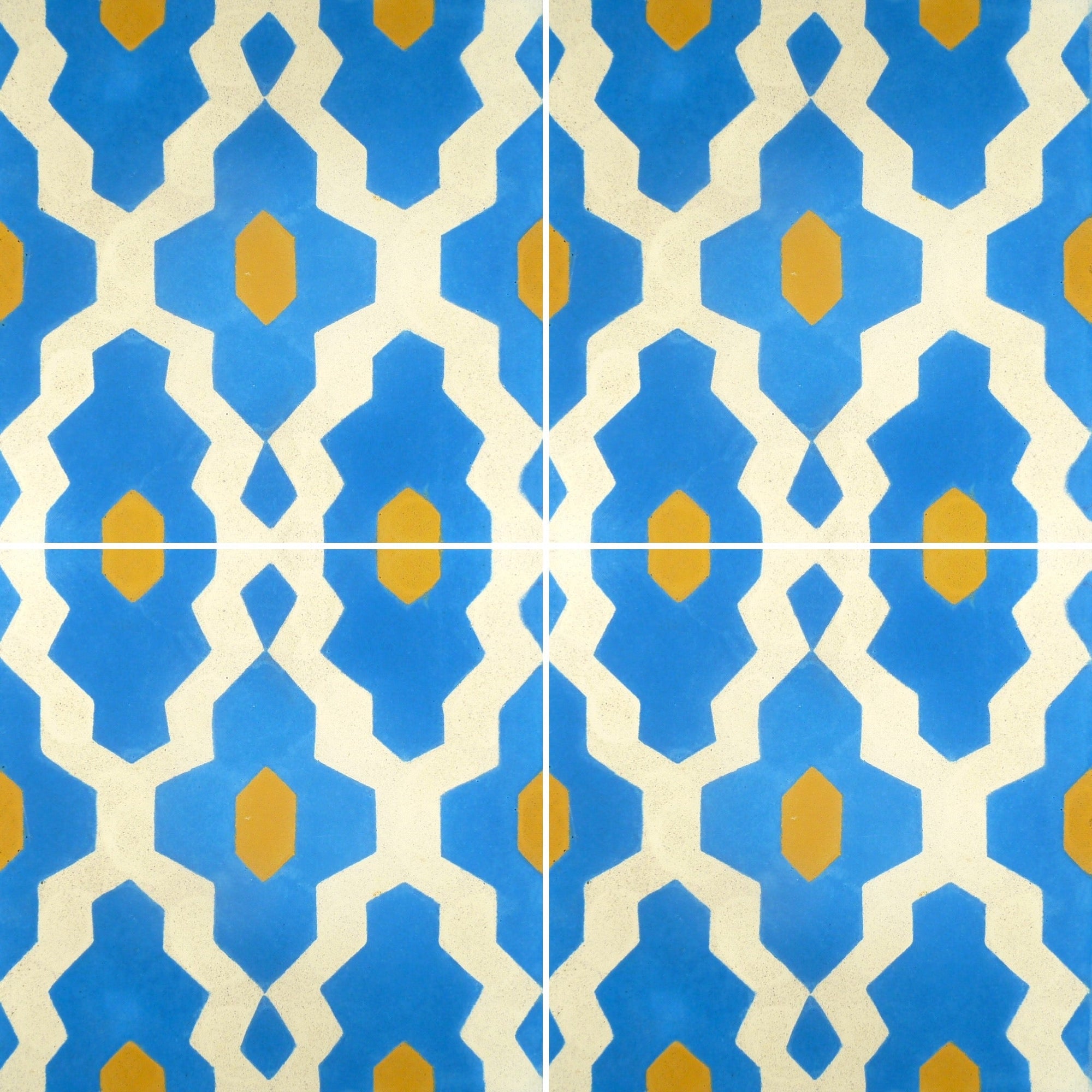 Premium Moroccan Cement Tiles, Blue Yellow Cream Geometric Pattern, Handcrafted Luxury Floor and Wall Tiles, Authentic SOUK Design by Maria Starling Design at brixbailey.com