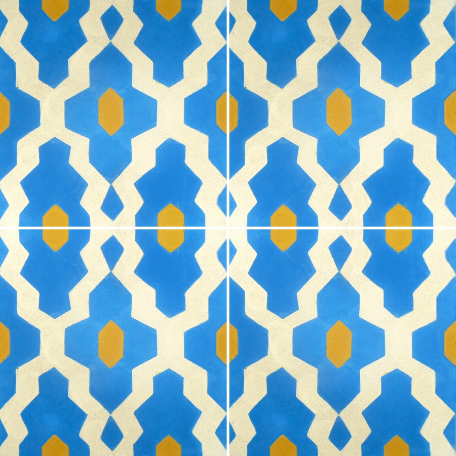 Premium Moroccan Cement Tiles, Blue Yellow Cream Geometric Pattern, Handcrafted Luxury Floor and Wall Tiles, Authentic SOUK Design by Maria Starling Design at brixbailey.com