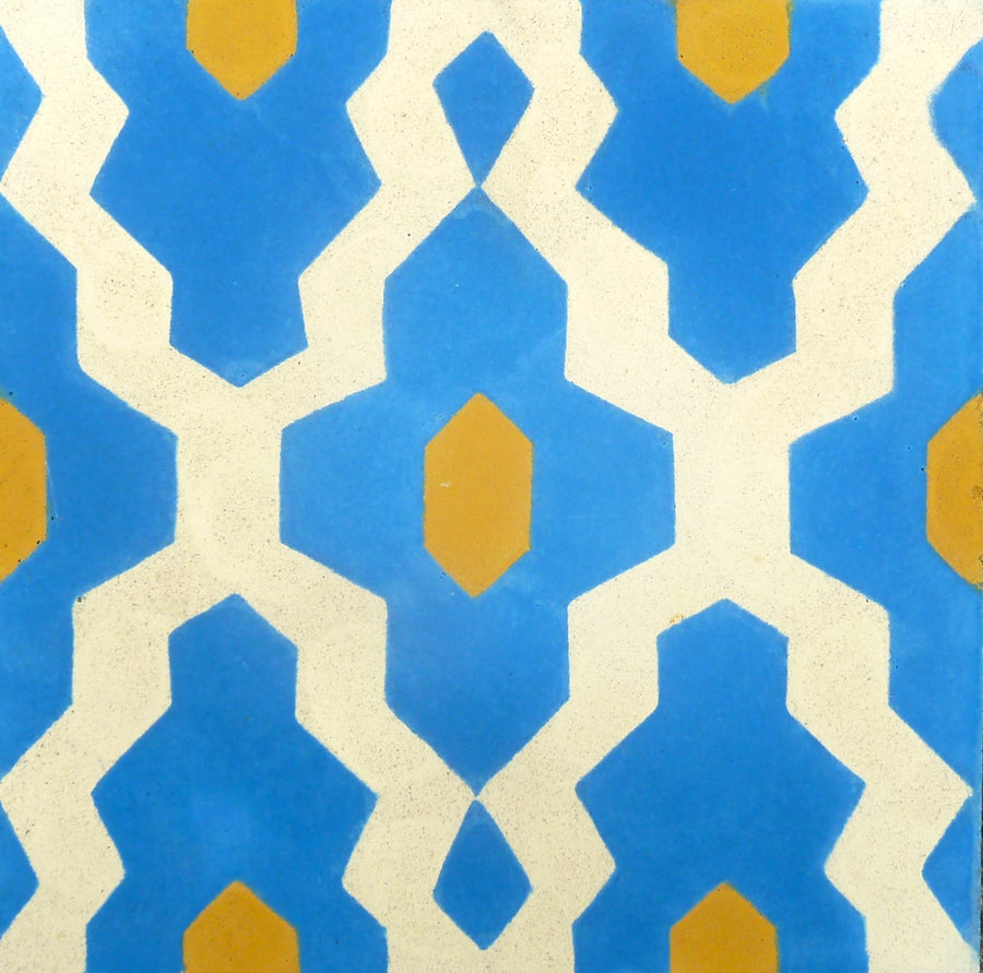 Luxury Moroccan cement tiles, blue yellow cream geometric pattern, premium handcrafted floor and wall tiles, trending exotic home decor by Maria Starling Design at brixbailey.com