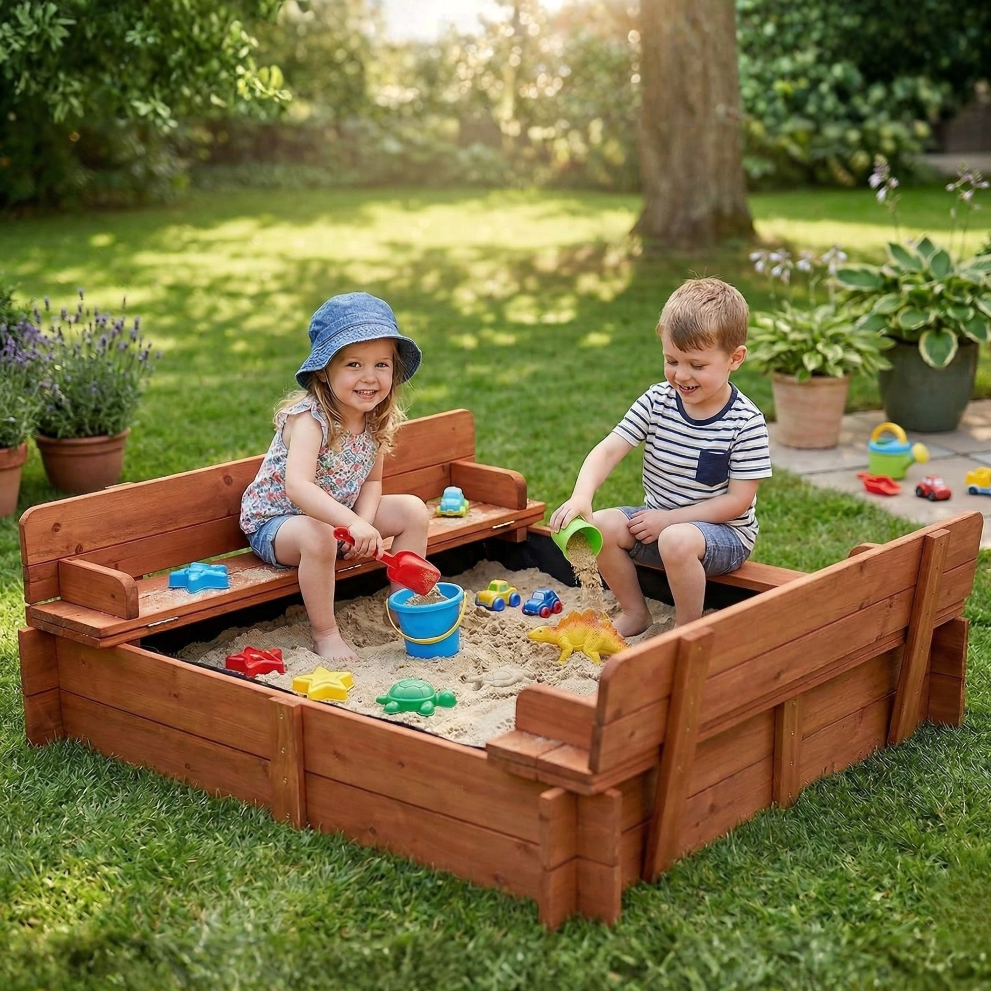 96cm Square Wooden Sandpit with Integrated Folding Lid